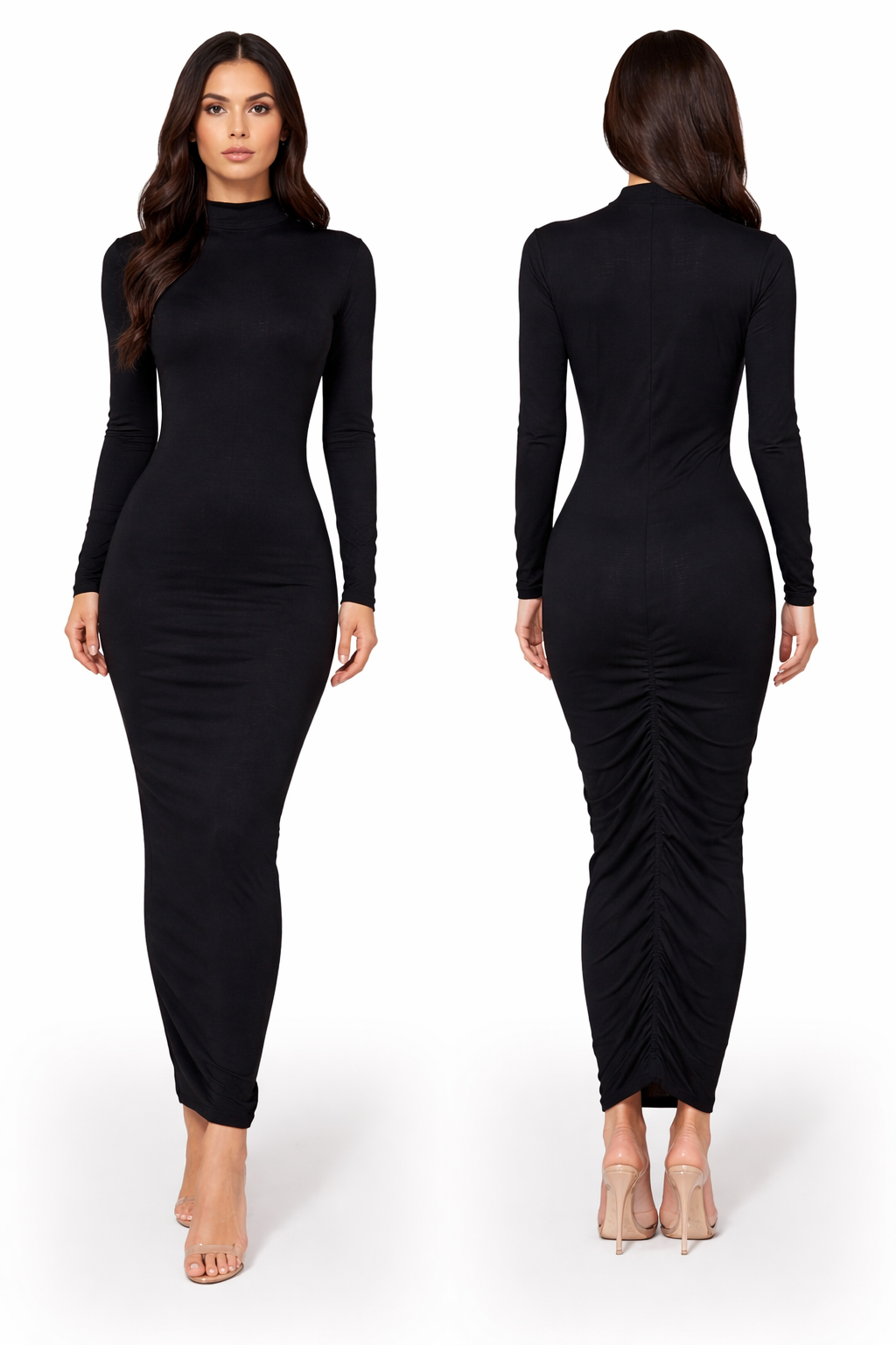 Silk Wool Long Ruched Back Dress