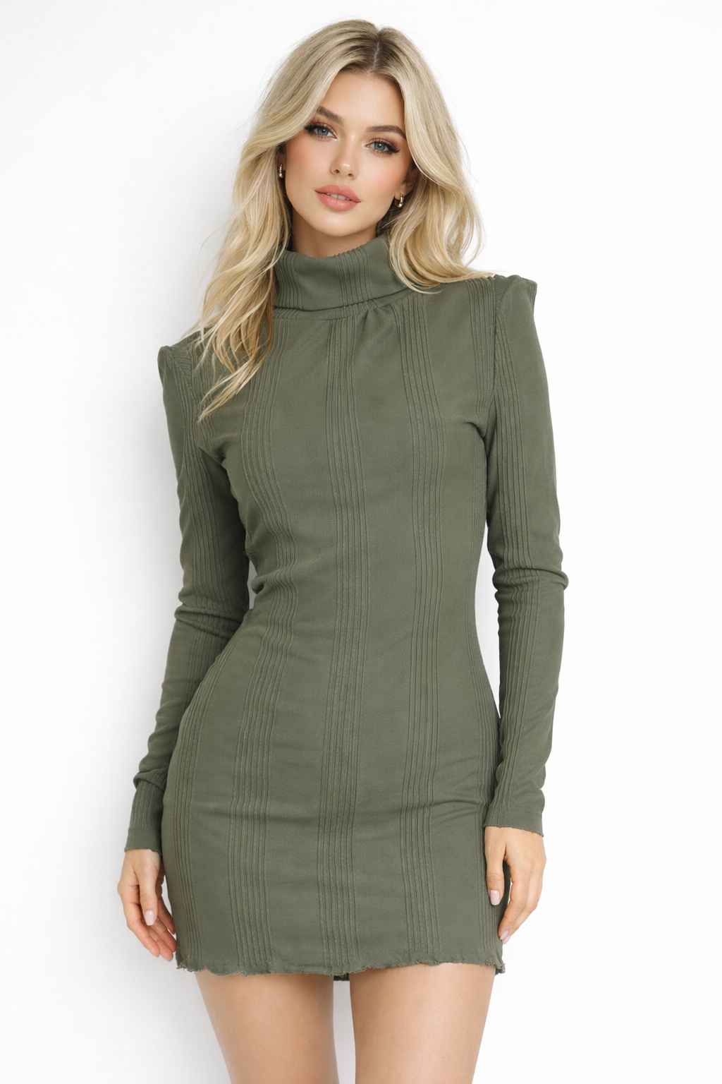 Structured Turtle Neck, Ribbed Knit Mini Dress